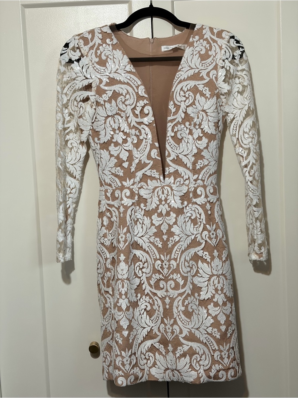 Dress the Population Nude & White Lace Long Sleeve Deep to Waist V-Neck Dress
